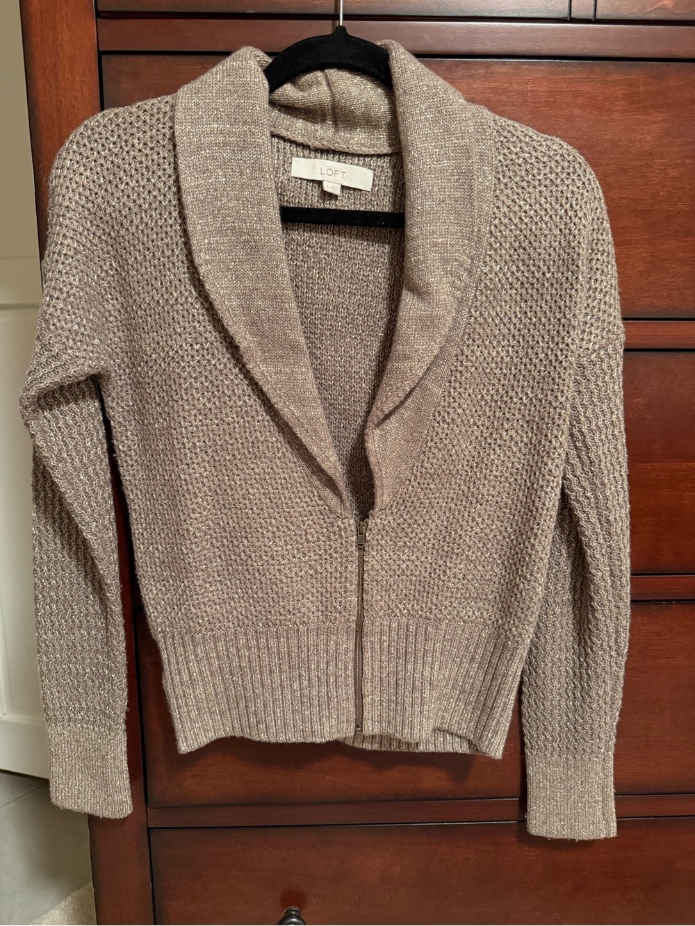 LOFT Taupe Shawl Collar Zip-Front Cardigan